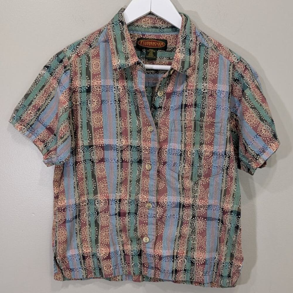 Vintage Flyshacker Button Up Shirt Short Sleeve Cropped Geometric 90s 80s Size S
